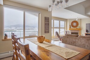 Enjoy the mountain and lake views while dining or playing board games