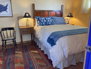 Queen bed, handmade headboard, pine and copper