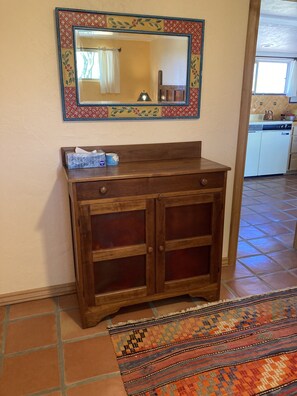 Cabinet with drawer and 2 shelves, walnut and copper