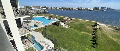 View of the pool from the balcony