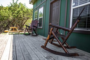 Rock away a soothing moment or two on the Casita's deck! It's kept naturally shaded by the Casita itself a good part of the day.