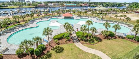 Saltwater pool and hot tub overlooking the marina 