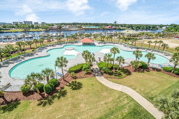 Saltwater pool and hot tub overlooking the marina 