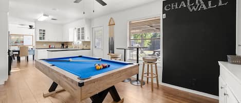 Stay and Play 
→ Pool table, Chalk wall, board games, arcade games, card games