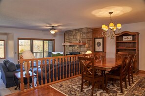 The dining area is open to the living area and easily seats six.