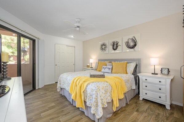 California King sized bed with top of the line linens.