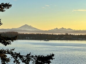 This photo was taken from the main deck!  Watch the ferry come and go, Mt. Baker & Twin Sisters.