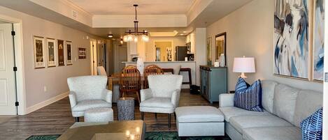 Open living room and kitchen area - view from balcony.