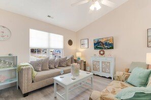 Family room is adjacent to dining area and kitchen