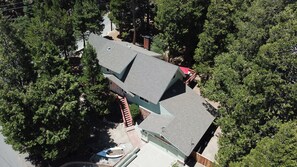 Mountain cabin nestled amongst towering trees