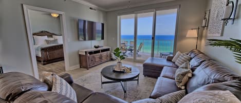 Beautiful view of the Gulf of Mexico from the comfort of this beautiful Boho style design living room