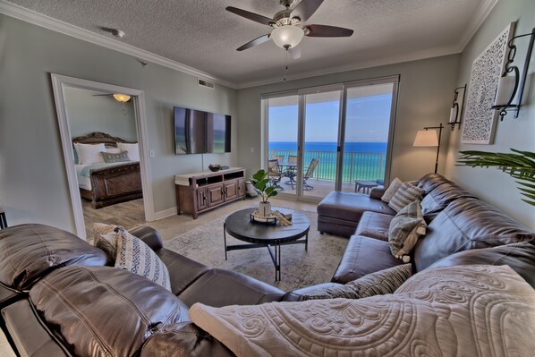 Beautiful view of the Gulf of Mexico from the comfort of this beautiful Boho style design living room