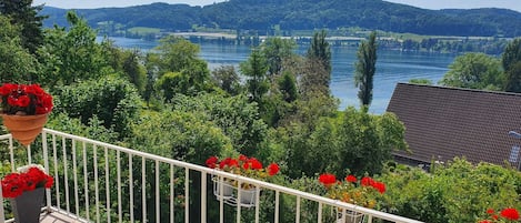 Ferienhaus Bellevue, fussnah zu öffentlichem Bodensee Seezugang, Panorama-Seesicht-Terrasse im Frühling