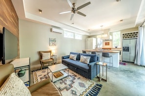 Comfy living room with wood accent wall