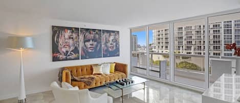 Living room, Roku tv, balcony access, water views of Biscayne Bay