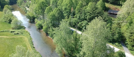 Drone view of the Watauga River and cabin