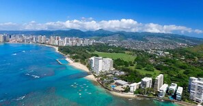 We are the pyramid-shaped building. Waikiki just a short walk away. 