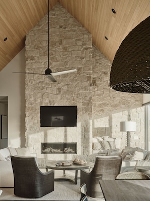 Built in Tv with Dish Satellite, and Gas fireplace.