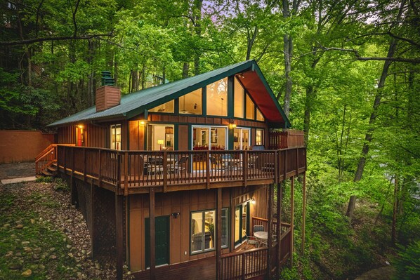 Evening view of upstairs wrap around patio.