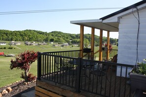 Outdoor eating area in the afternoon with shade.