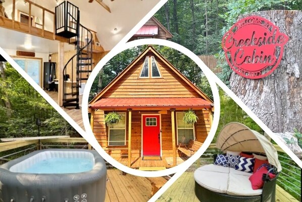 Cabin: hot tub, outdoor tv, multiple decks, community lake access, fire pit, etc