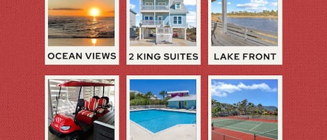 All the Extras! Ocean views, 2 King Suites, Lake Front, Golf Cart, Pool, Tennis Courts