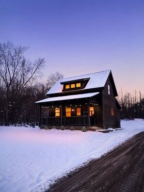 Our cabin gets super cozy during the winter, turning into a winter wonderland.