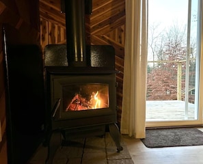 Warm up in front of the newly installed wood stove 