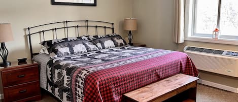 Sleep well in our comfy King Bed while enjoying the Mountain View!