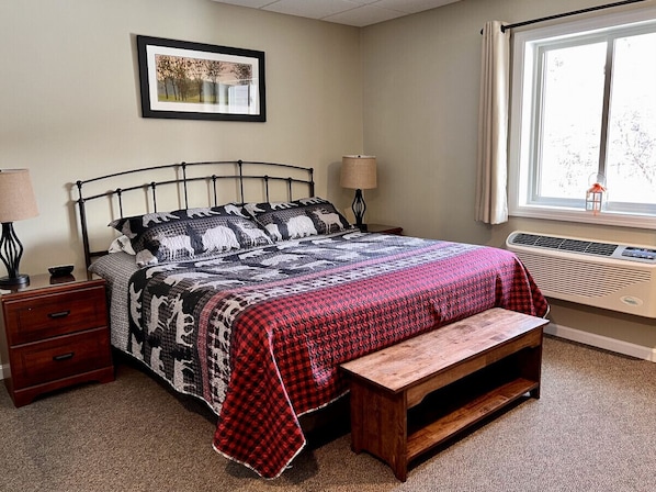 Sleep well in our comfy King Bed while enjoying the Mountain View!