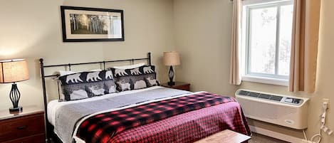 Sleep well in our comfy King Bed while enjoying the Mountain View!