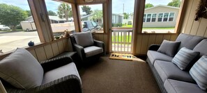 Screened in porch and new furniture for relaxing. 