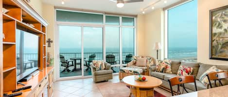 Our condo has amazing beachfront views from our living and kitchen areas.