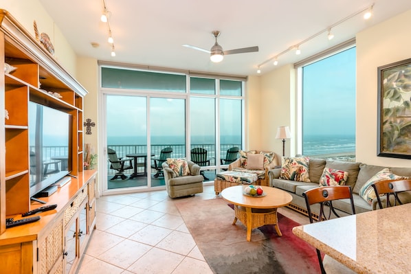 Our condo has amazing beachfront views from our living and kitchen areas.