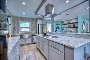 Newly remodeled kitchen with new stainless steel appliances (refrigerator, induction cook top, built in microwave/oven and dishwasher).