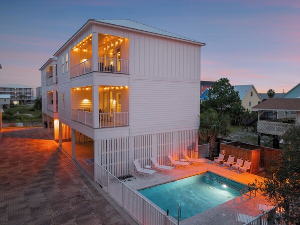 Our pools is heated to 88 degrees year round and right next to the home.