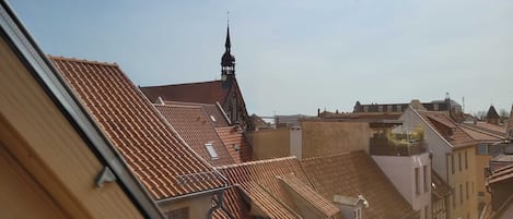 Ausblick vom Wohnzimmer über Stralsunds Dächer 