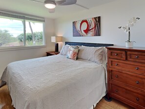 Enjoy the warm, calming hues and breezy ceiling fan.