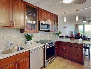 Fully stocked kitchen with everything you have at home.