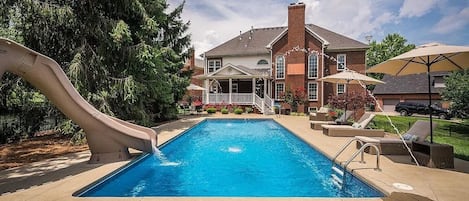 pool and back of house that includes covered patio