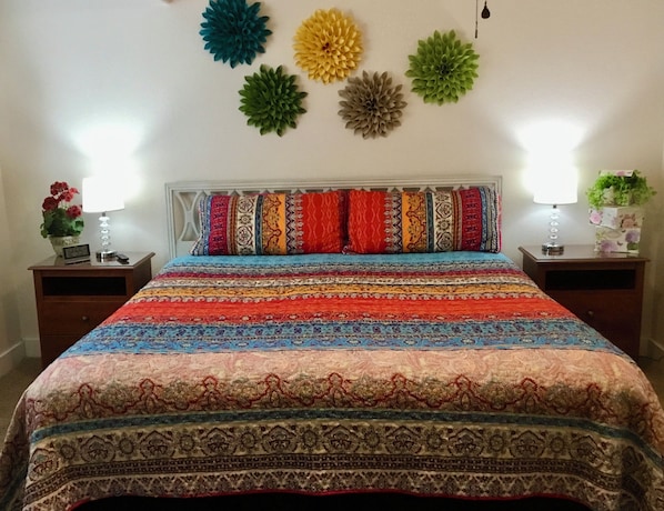 King size bed, touch lamps with USB ports.