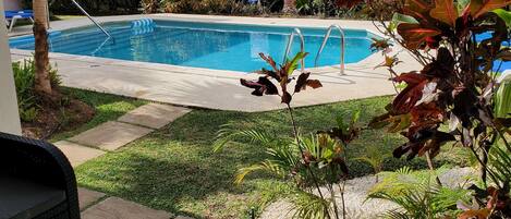 View from patio looking onto the communal pool.