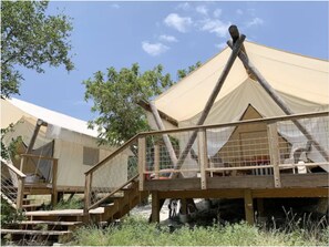 Two tents are joined by a lower landing, great for families. 