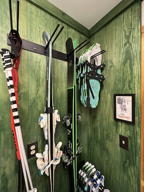 Snowshoes are ready for you to borrow. Store your skis and snowboards
