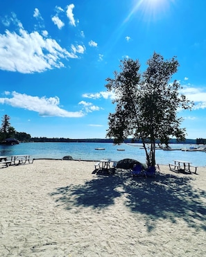 Shade or sun on the sandy beach at the pristine Moose Pond.
