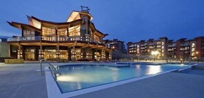 The pool deck at night