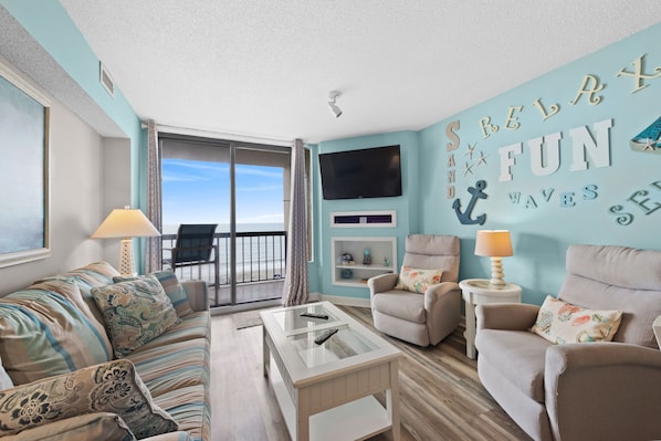 The ocean front living room is fabulous for movie night with the family.