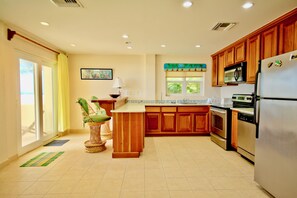 Fully equipped kitchen with counter seating; glass door to left goes to porch