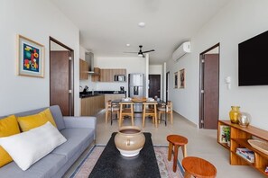 Living room. Dining room and kitchen. 