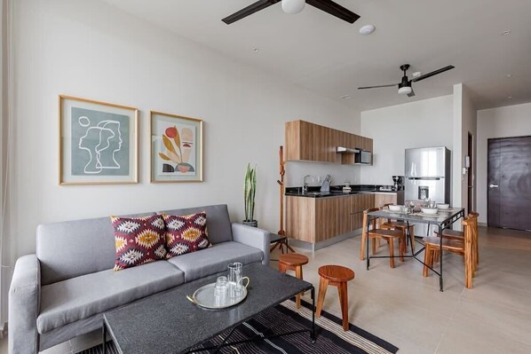 Living room. Dining room and kitchen. 